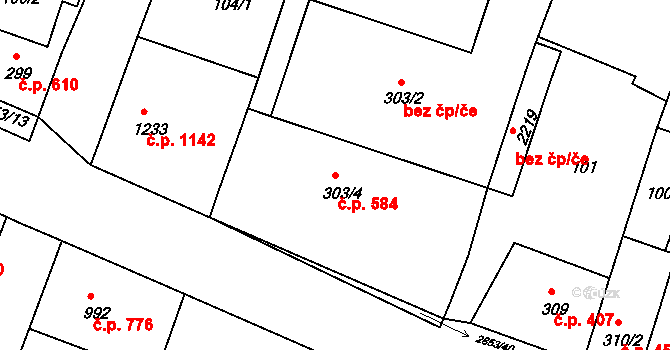 Bystřice pod Hostýnem 584 na parcele st. 303/4 v KÚ Bystřice pod Hostýnem, Katastrální mapa