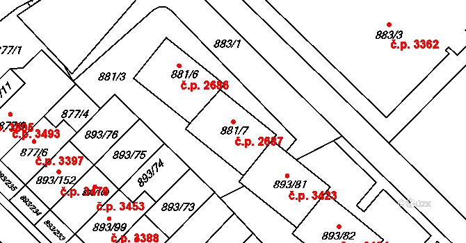Znojmo 2687 na parcele st. 881/7 v KÚ Znojmo-město, Katastrální mapa