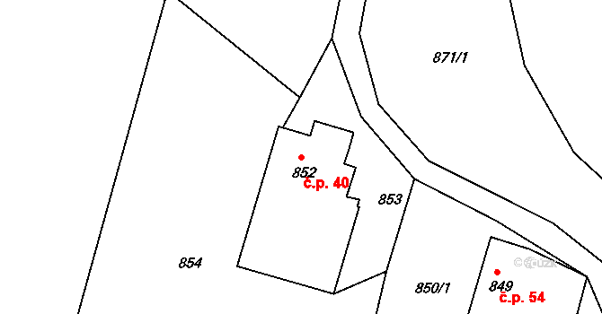 Srubec 40 na parcele st. 852 v KÚ Srubec, Katastrální mapa