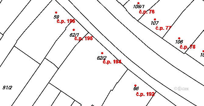 Kyjov 194 na parcele st. 62/2 v KÚ Kyjov, Katastrální mapa