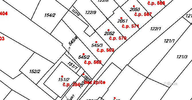 Veselí nad Moravou 569 na parcele st. 545/3 v KÚ Veselí-Předměstí, Katastrální mapa