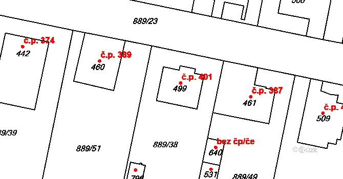 Cerhenice 401 na parcele st. 499 v KÚ Cerhenice, Katastrální mapa