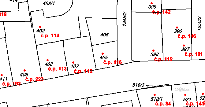 Tuchlovice 116 na parcele st. 405 v KÚ Tuchlovice, Katastrální mapa