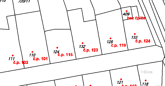 Stěžery 123 na parcele st. 132 v KÚ Stěžery, Katastrální mapa