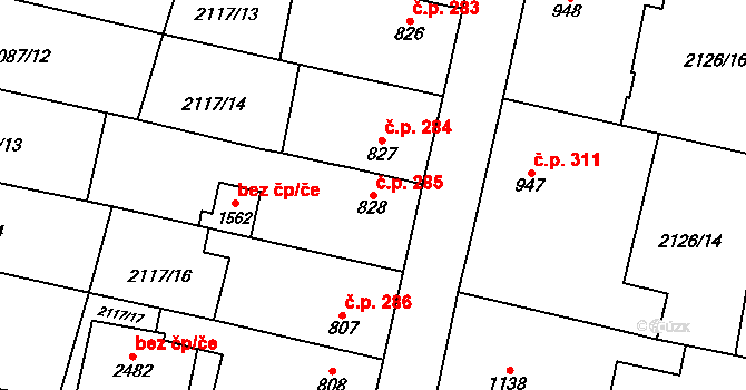 Uničov 285 na parcele st. 828 v KÚ Uničov, Katastrální mapa