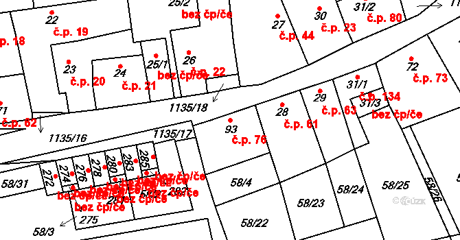 Radovesice 76 na parcele st. 93 v KÚ Radovesice u Libochovic, Katastrální mapa