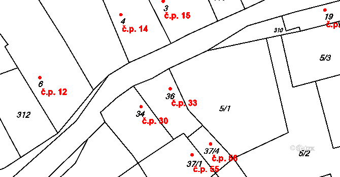 Černíky 33 na parcele st. 36 v KÚ Černíky, Katastrální mapa