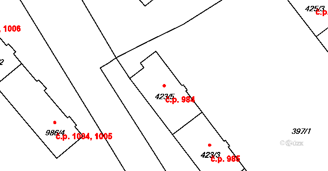 Pelhřimov 984,985,986 na parcele st. 423/5 v KÚ Pelhřimov, Katastrální mapa