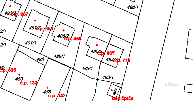 Čimice 667, Praha na parcele st. 485/2 v KÚ Čimice, Katastrální mapa
