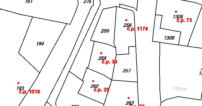 Rumburk 1 30, Rumburk na parcele st. 258 v KÚ Rumburk, Katastrální mapa