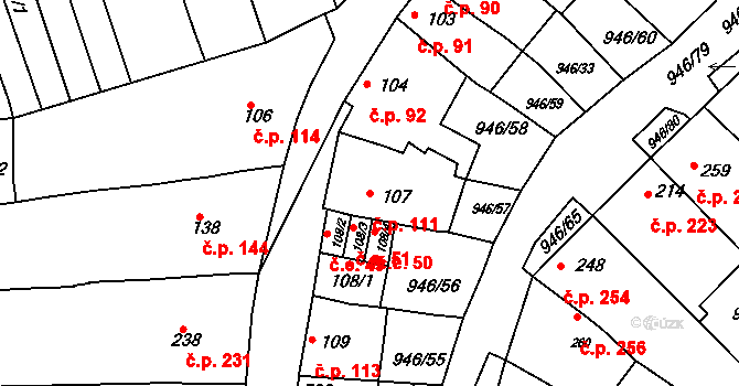 Čebín 111 na parcele st. 107 v KÚ Čebín, Katastrální mapa