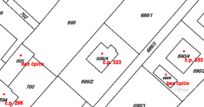 Chotěbuz 323 na parcele st. 686/4 v KÚ Chotěbuz, Katastrální mapa