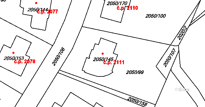 Pelhřimov 2111 na parcele st. 2050/145 v KÚ Pelhřimov, Katastrální mapa