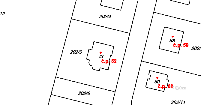Kuchař 52, Vysoký Újezd na parcele st. 73 v KÚ Kuchař, Katastrální mapa