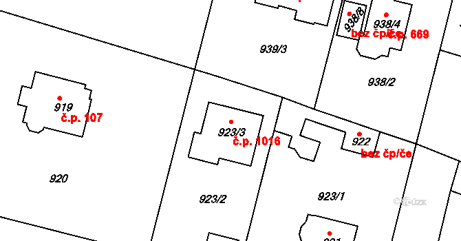 Klánovice 1016, Praha na parcele st. 923/3 v KÚ Klánovice, Katastrální mapa