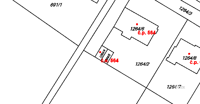 Drnovice 564 na parcele st. 1264/4 v KÚ Drnovice u Vyškova, Katastrální mapa
