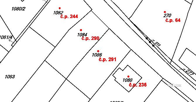 Dolní Loučky 291 na parcele st. 1086 v KÚ Dolní Loučky, Katastrální mapa