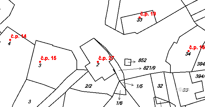 Brťoví 27, Prosetín na parcele st. 2 v KÚ Brťoví, Katastrální mapa