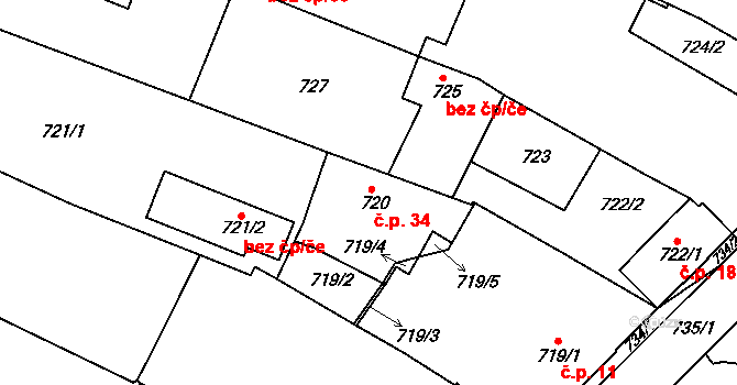 Želechovice nad Dřevnicí 34 na parcele st. 720 v KÚ Želechovice nad Dřevnicí, Katastrální mapa