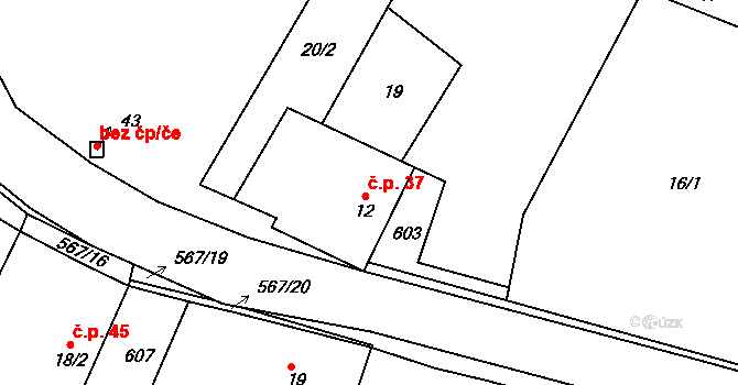 Korycany 37, Neratovice na parcele st. 12 v KÚ Korycany, Katastrální mapa