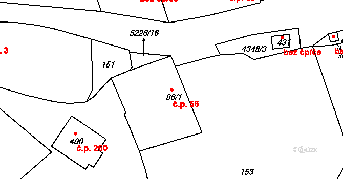 Pocinovice 56 na parcele st. 86/1 v KÚ Pocinovice, Katastrální mapa