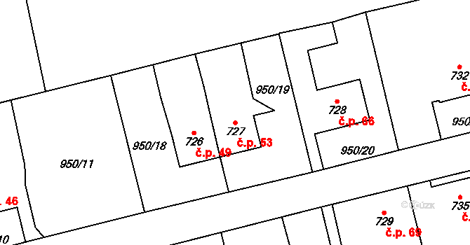 Jezbiny 53, Jaroměř na parcele st. 727 v KÚ Jezbiny, Katastrální mapa