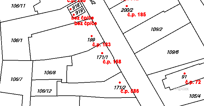 Rosice 158, Pardubice na parcele st. 171/1 v KÚ Rosice nad Labem, Katastrální mapa