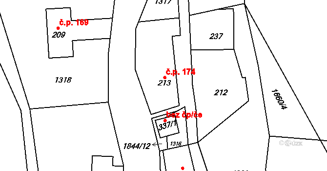 Hrabišín 174 na parcele st. 213 v KÚ Hrabišín, Katastrální mapa