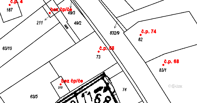 Strojetice 58, Kryry na parcele st. 73 v KÚ Strojetice u Podbořan, Katastrální mapa