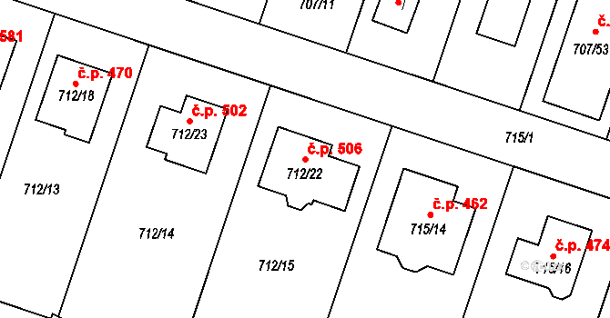 Zruč 506, Zruč-Senec na parcele st. 712/22 v KÚ Zruč, Katastrální mapa