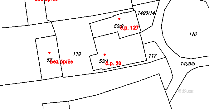 Olšovec 20 na parcele st. 53/1 v KÚ Olšovec, Katastrální mapa