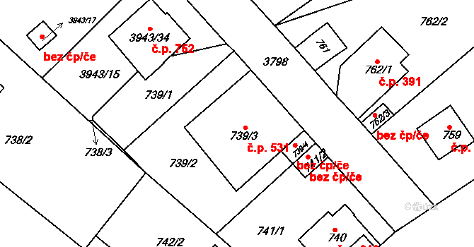 Žižkov 531, Kutná Hora na parcele st. 739/3 v KÚ Kutná Hora, Katastrální mapa