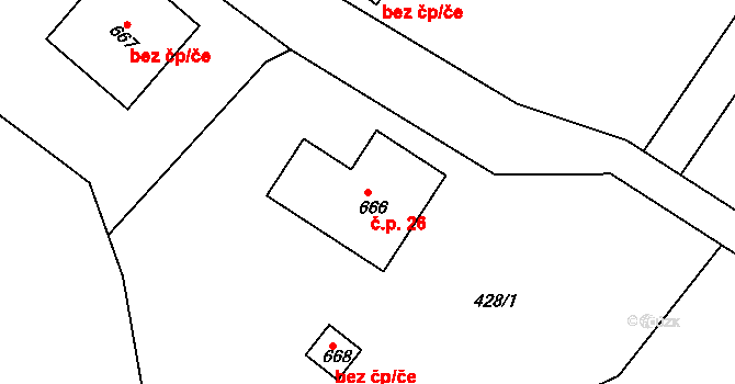 Albeřice 26, Verušičky na parcele st. 666 v KÚ Albeřice u Hradiště, Katastrální mapa
