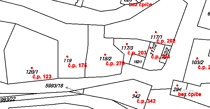 Kamenice 279 na parcele st. 118/2 v KÚ Kamenice u Jihlavy, Katastrální mapa