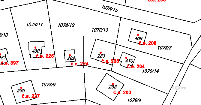 Mrač 223 na parcele st. 283 v KÚ Mrač, Katastrální mapa