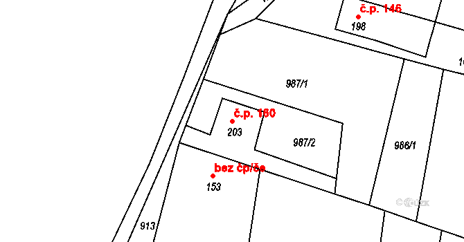 Oldřichov na Hranicích 160, Hrádek nad Nisou na parcele st. 203 v KÚ Oldřichov na Hranicích, Katastrální mapa