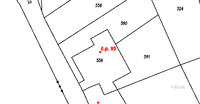 Okrouhlá 93 na parcele st. 559 v KÚ Okrouhlá u Nového Boru, Katastrální mapa