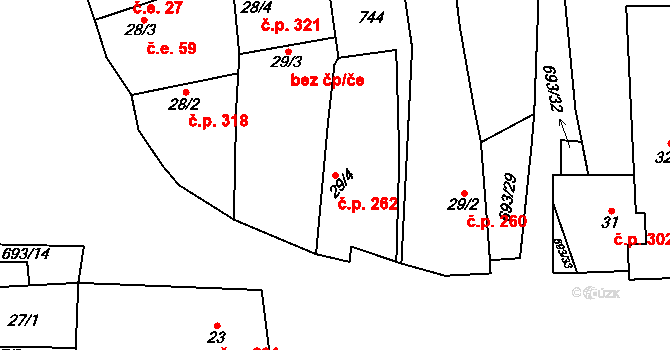 Vrbice 262, Mšené-lázně na parcele st. 29/4 v KÚ Vrbice u Mšeného-lázní, Katastrální mapa
