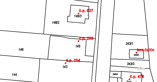 Krhová 258 na parcele st. 145 v KÚ Krhová, Katastrální mapa