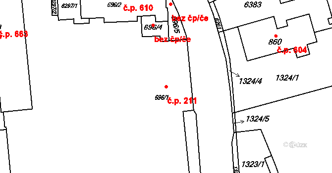 Rožnov pod Radhoštěm 211 na parcele st. 696/1 v KÚ Rožnov pod Radhoštěm, Katastrální mapa