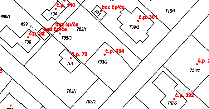 Strkov 284, Planá nad Lužnicí na parcele st. 703/2 v KÚ Planá nad Lužnicí, Katastrální mapa