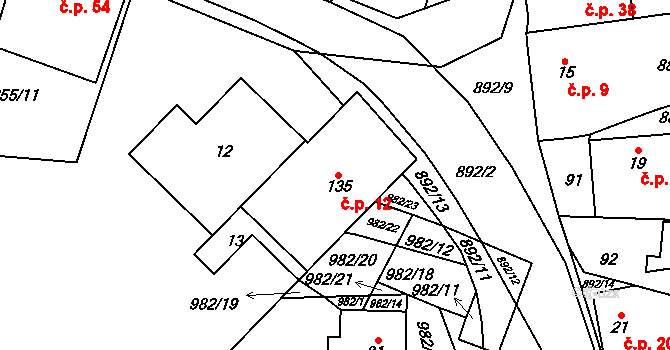 Šárovcova Lhota 12 na parcele st. 135 v KÚ Šárovcova Lhota, Katastrální mapa