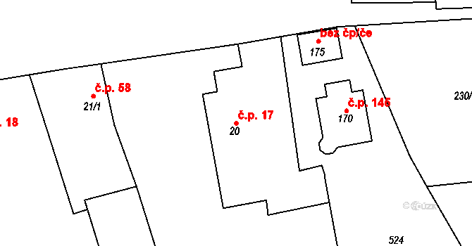 Přední Lhota 17, Poděbrady na parcele st. 20 v KÚ Přední Lhota u Poděbrad, Katastrální mapa