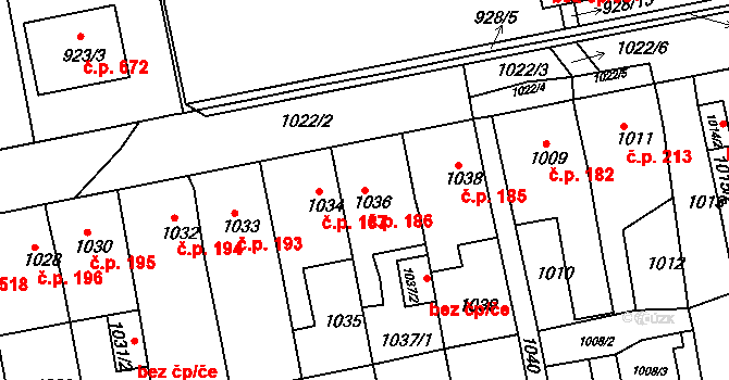 Miřetice u Klášterce nad Ohří 186, Klášterec nad Ohří na parcele st. 1036 v KÚ Miřetice u Klášterce nad Ohří, Katastrální mapa
