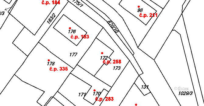 Sobědruhy 258, Teplice na parcele st. 172 v KÚ Sobědruhy, Katastrální mapa