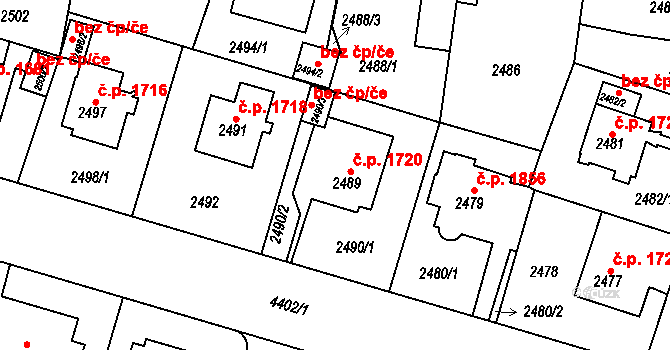 Teplice 1720 na parcele st. 2489 v KÚ Teplice, Katastrální mapa