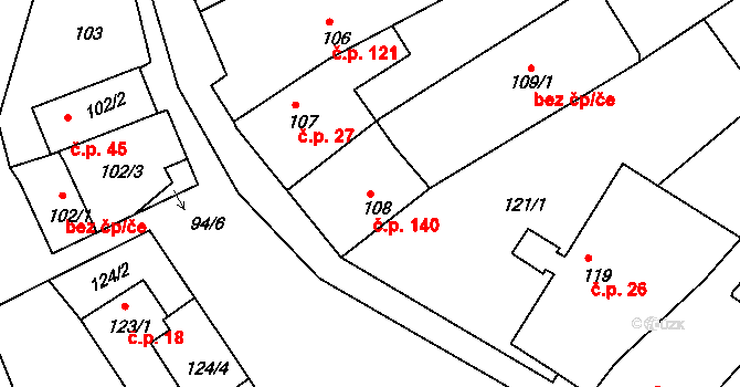 Tušť 140, Suchdol nad Lužnicí na parcele st. 108 v KÚ Tušť, Katastrální mapa