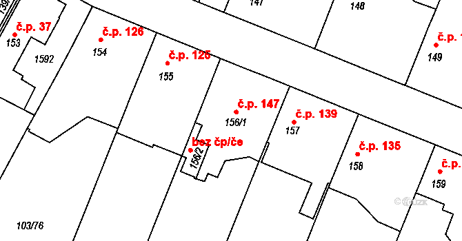 Břežany II 147 na parcele st. 156/1 v KÚ Břežany II, Katastrální mapa