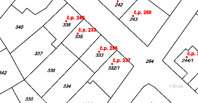 Újezdské Předměstí 256, Bílina na parcele st. 333 v KÚ Bílina-Újezd, Katastrální mapa