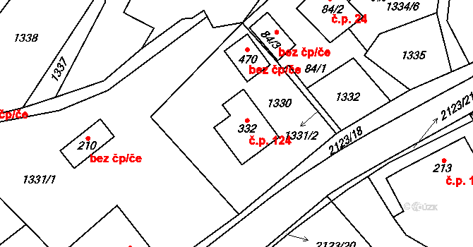 Lhota u Vsetína 124 na parcele st. 332 v KÚ Lhota u Vsetína, Katastrální mapa